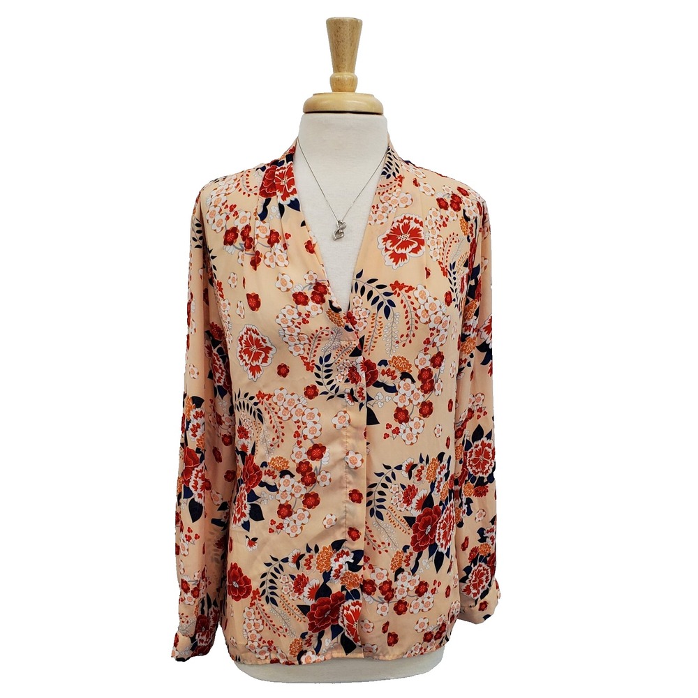 Violet + Claire Long Sleeve Button Up Floral Blouse Top XL V-Neck Peach Red